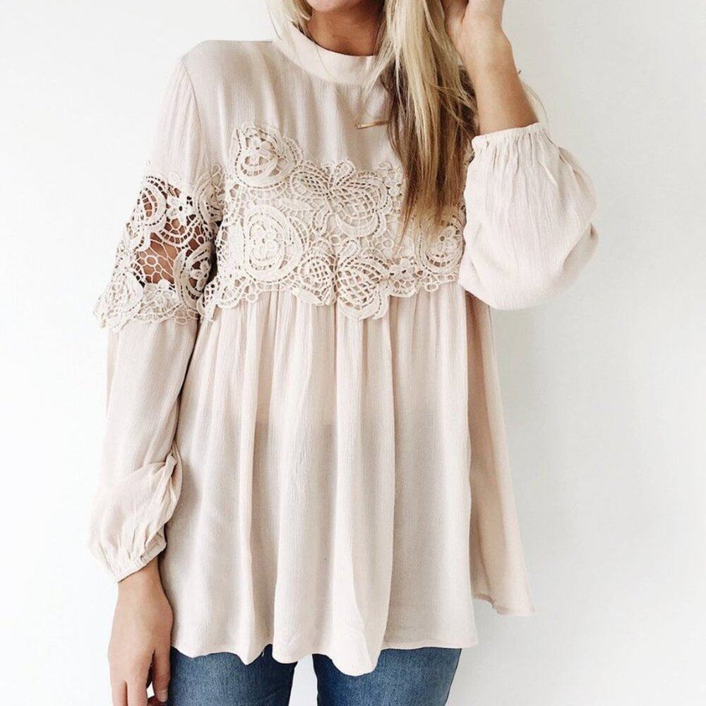 JODIFL | Cream Long Bishop Style Sleeve Lace Detail Flare Out Boho Top‎